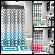 15PC BATHROOM BATH MAT SET RUG CARPET FABRIC SHOWER CURTAIN COVERED RINGS PRINT