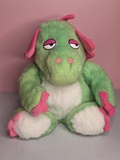 Vintage Green Dragon Plush With Pink Rare Hard Flat Eyes