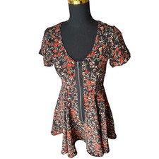 Reformed Black Floral A-Line Front Zip Dress Size Small 90s Grunge