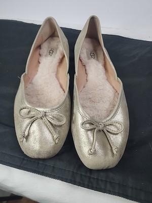 UGG Lena Gold Leather Flat Shoes Size 8 Sherpa Lined Ballet Metallic READ