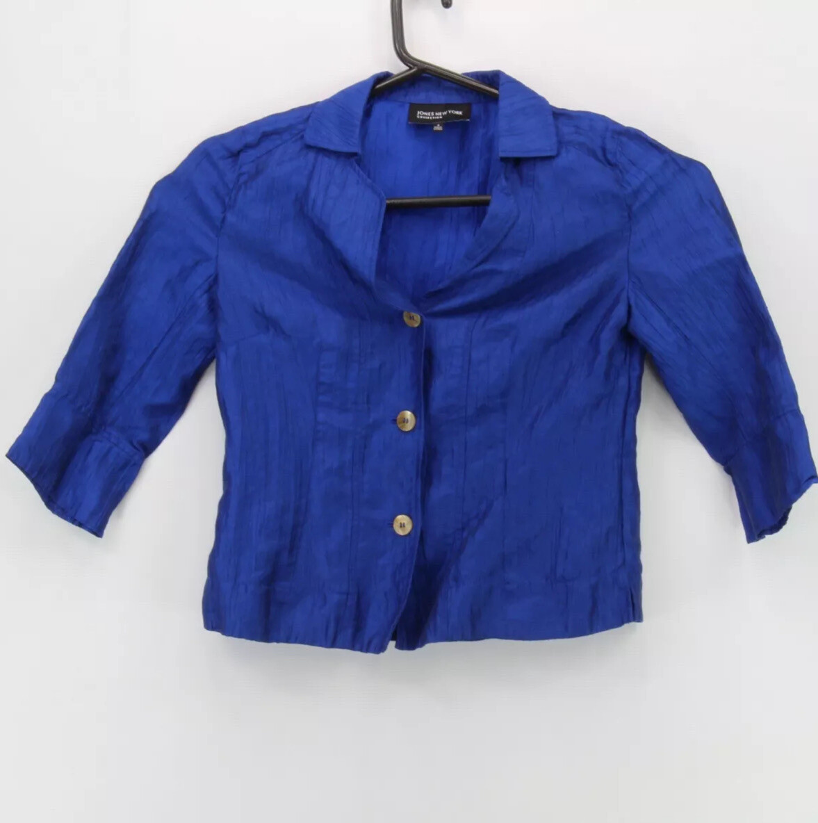Jones New York Womens Button Up 3/4 Sleeve￼ Shirt Size 4 Solid Blue Linen Nylon