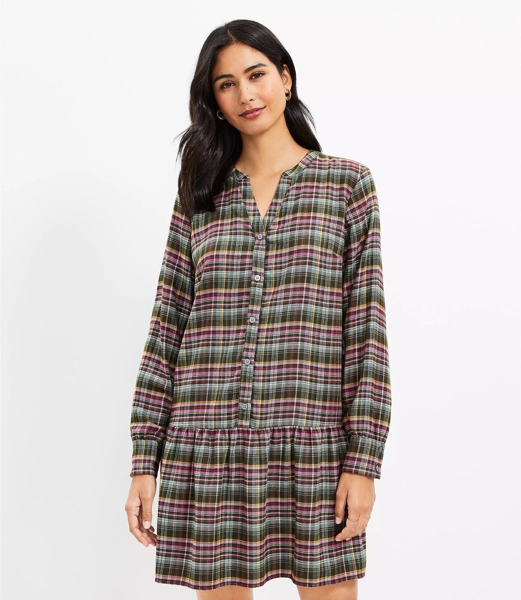 NWT Ann Taylor LOFT Plaid Flounce Shirtdress Size XS Wild Moss Green