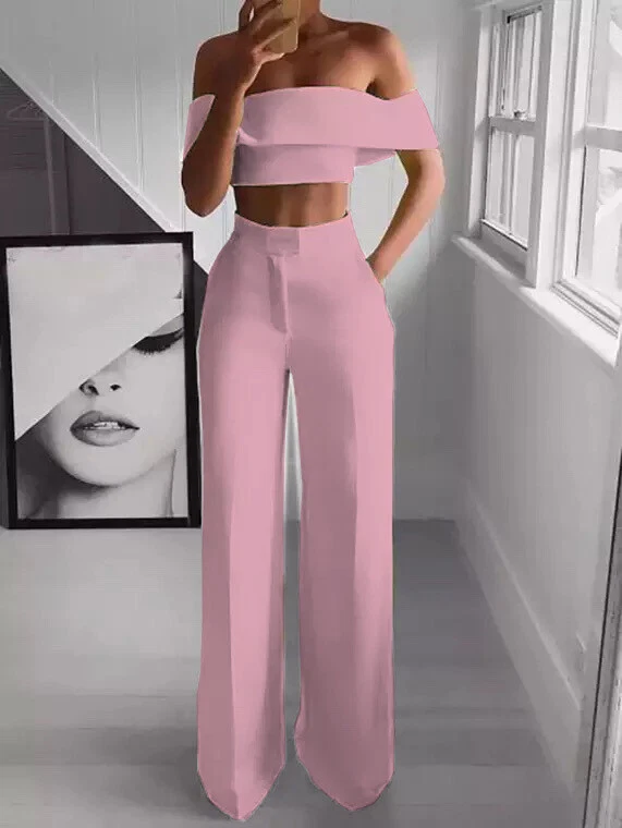 Women Elegant Two Piece Suit Boat Neck Crop Top Wide Leg Pants