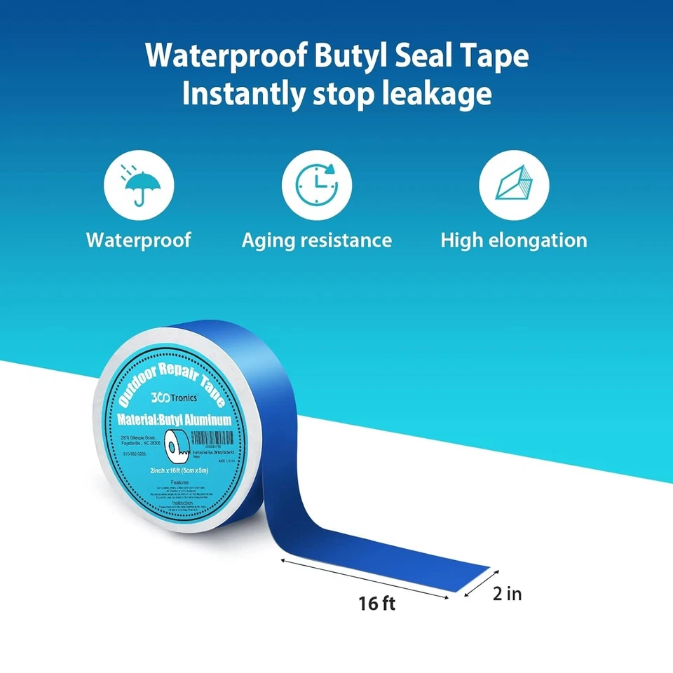 Blue Waterproof Tape, 2in x 16ft per Roll, HVAC, RV, Pool Covers Repair - Image 2 of 4