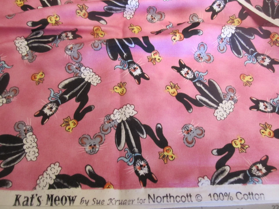 Cotton FAbric Kats Meow Sue Kruger for Northcott Black cats on Pink 26" x 44 - Image 2 of 4