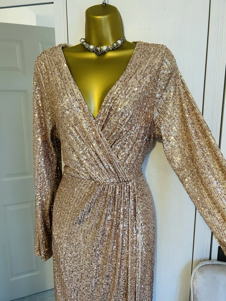 Quiz Gold Sequin Faux Wrap Stretch Long Evening Dress Size 18 Ball Cruise - image 3 of 4