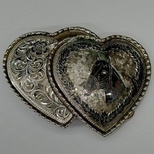 Vtg Western Belt Buckle Heart Horse Head Silver Tone Floral Engraved USA Read