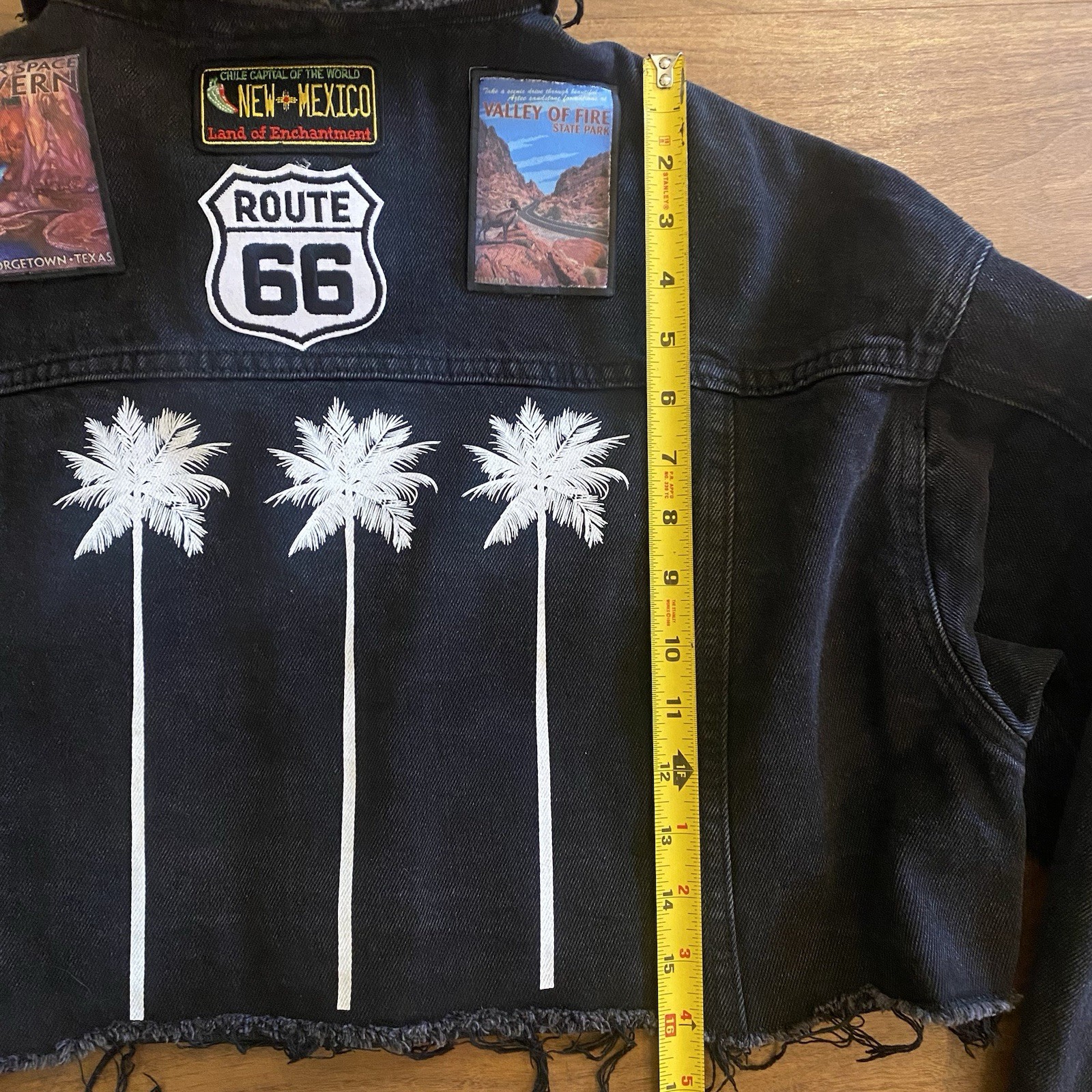 Cropped Black Denim Jacket Patchwork Route 66 Fes… - image 3