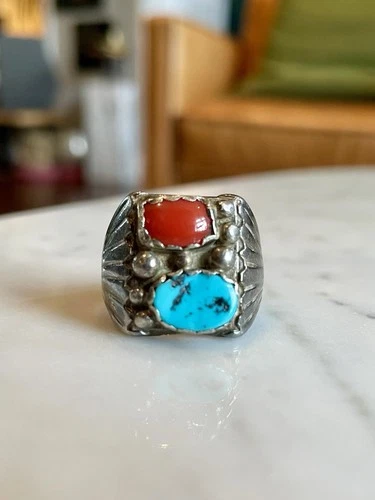 Vintage Men’s Sterling Silver Turquoise And Coral Ring Size 9 Southwest 14.6g