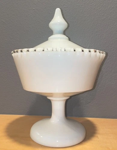 Vtg Fenton Silver Crest White Milk Glass 6.5"x9.5" Covered Compote Candy Dish