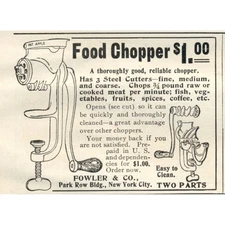 1903 Food Chopper Fowler & Co. Kitchen Grinder Manual Meat Grinder Print Ad