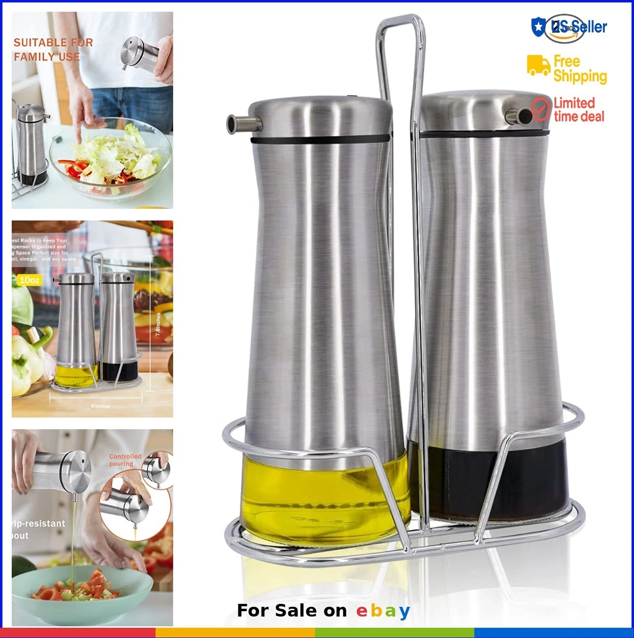 Oil Dispenser Set 10 Ounce Glass Bottles No Drip Display Rack for Kitchen