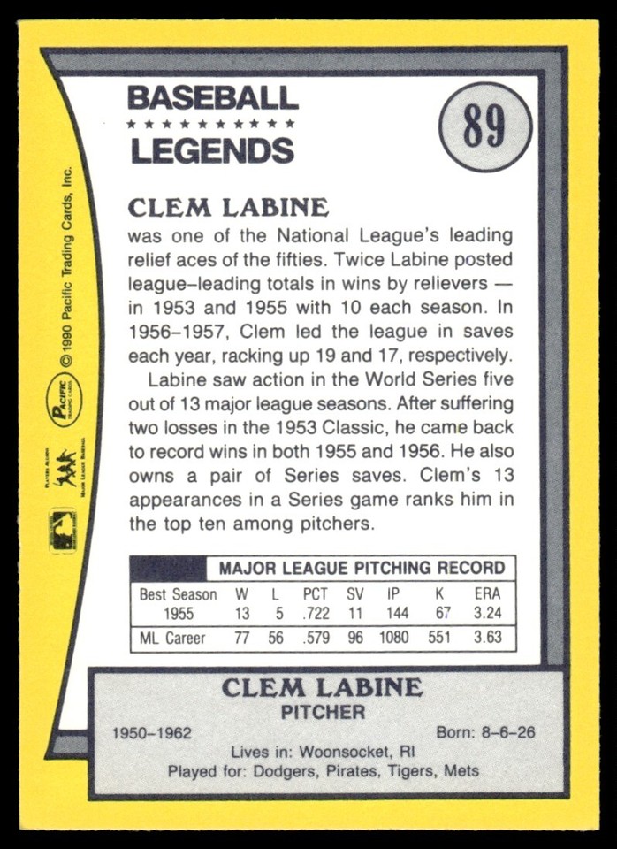 1990 Pacific Legends Clem Labine Brooklyn Dodgers 89 eBay