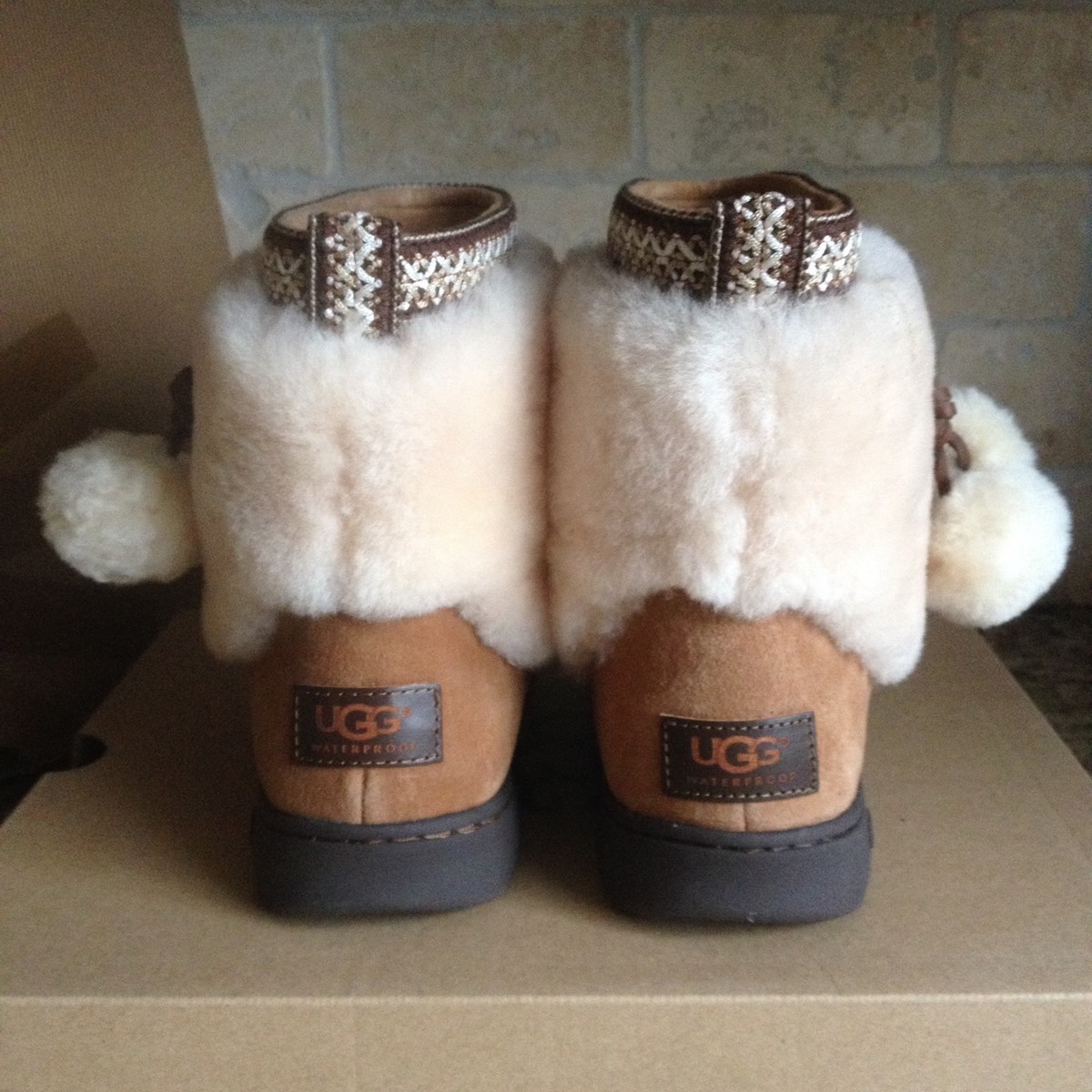 UGG Brie Chestnut Waterproof Suede Fur Cuff PomPom Mini Boots Size