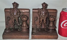 ANTIQUE KBW KATHODIAN BRONZE WORKS TOM SAWYER FISHING DOCK BOOKENDS MARK TWAIN