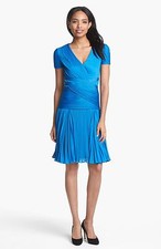 $475 Halston Heritage New Pleat Drop Waist A-Line Aline Dress Blue Size 10 Wrap