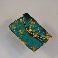 Vintage Yik Fun Jewelry Pouch Chinese Brocade Snap Button Zipper Blue Yellow
