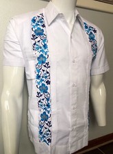 Mexican Guayabera White Wedding Shirt With Blue Flower Embroidery Short Sleeve