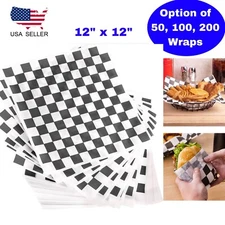 Black & White Checkered Wax Deli Sandwich Wrap Paper Sheets Basket Liner 12x12"