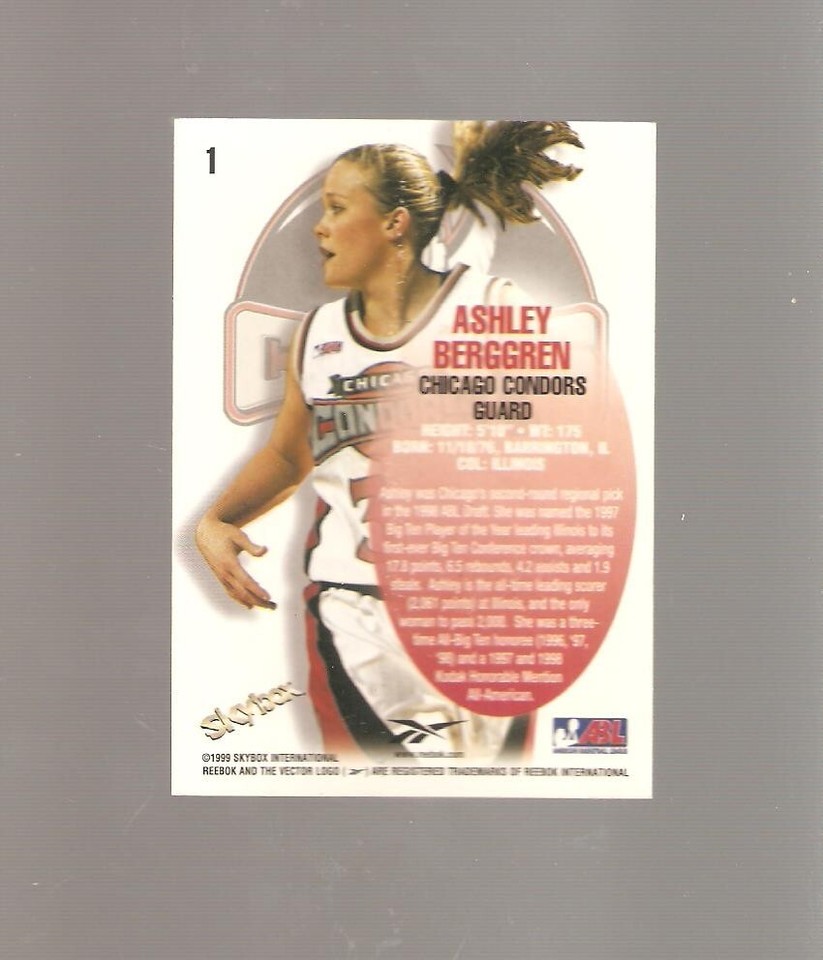 ashley berggren,1999 skybox,abl rookie,illinois,ncaa barrington,chicago