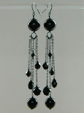 Alex Polizzi Style Long Earrings ~ Black Onyx, French Jet & Oxidised 925 Silver