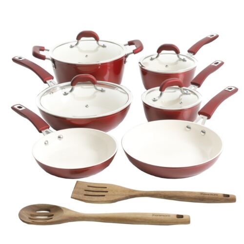 Kenmore Arlington 12-Piece Ceramic Pots and Pans Cookware Set - Metallic Red - Picture 1 of 5