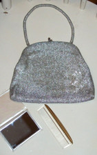VTG Silver Circle Bead Patterned Purse Handbag w/ Beaded Handle Mirror Comb