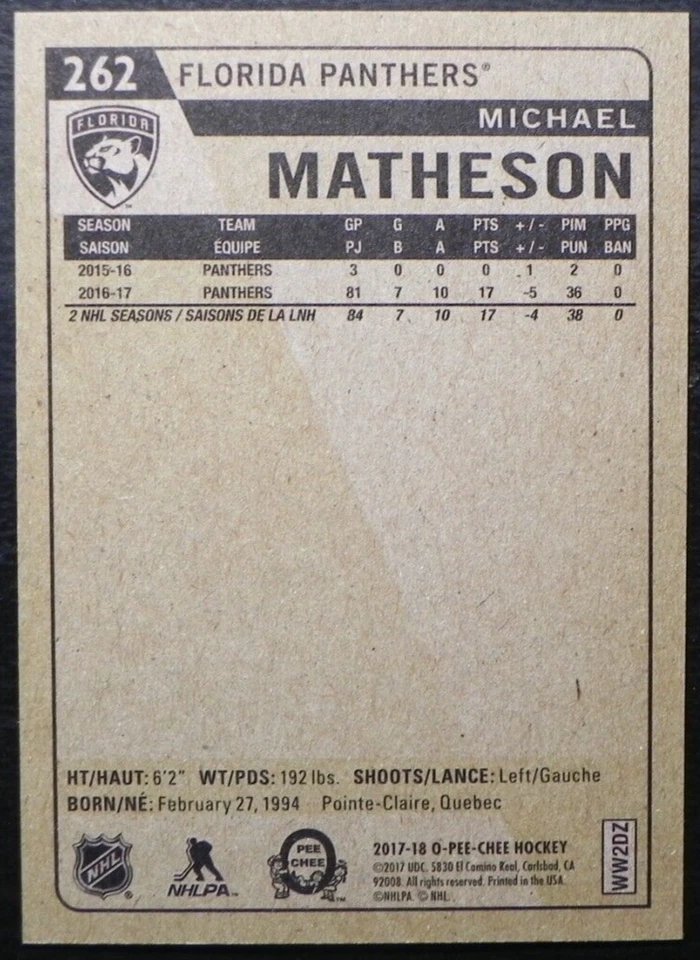 2017-18 17/18 O-Pee-Chee RETRO #262 Michael Matheson Florida Panthers - Image 2 of 2