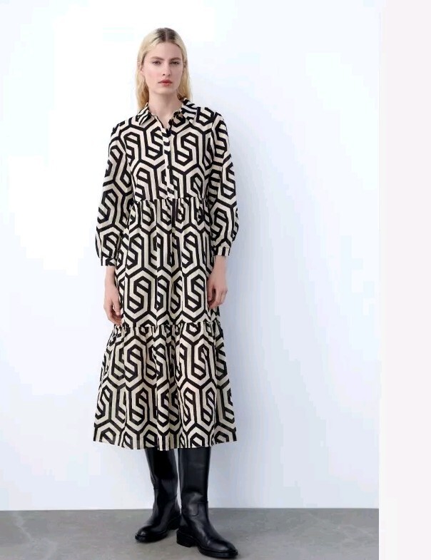 Zara Geometric Print Karen Midi Tunic Dress Black & Ecru
