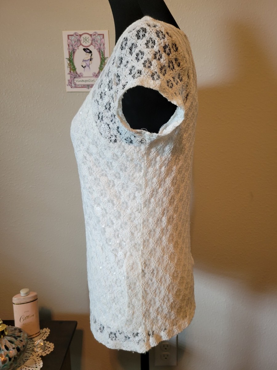 White Lace & Sequence Top w/ Built in Cami, By SKYES THE LIMIT, Cap Sleeve, Sz S View 3