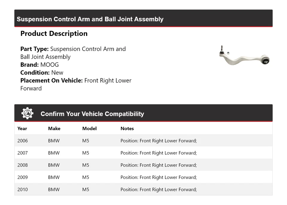 Brazo de control delantero derecho inferior delantero delantero para BMW M5 2006-2010 MOOG 2006 2007 2008 Foto 2 de 4