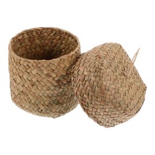 Small Seagrass Basket with Lid Round Handwoven Box Hamper Straw Baby