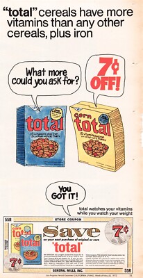 General Mills Total And Corn Total Breakfast Cereal Coupon Vtg Magazine Print Ad