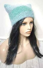 crochet womans handmade hat kitty cat ears beanie green teal blue new