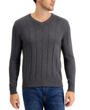 Club Room Men's Drop-Needle V-Neck Cotton Sweater, Charcoal Heather, sz XXL