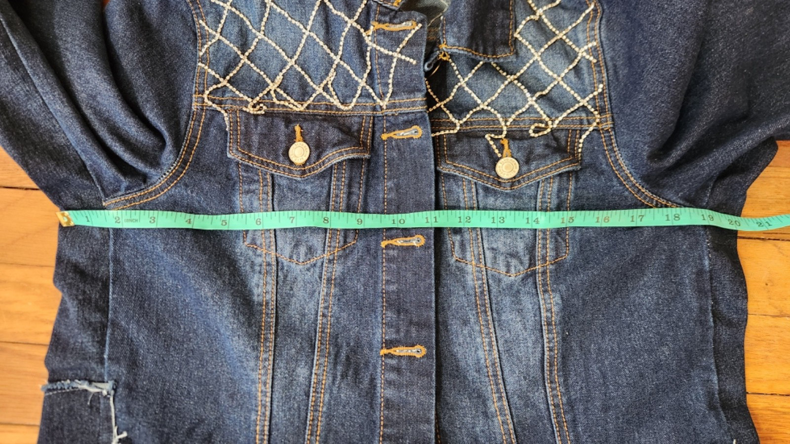 Upcycled Midi Denim Patchwork & Rhinestone Coat J… - image 13