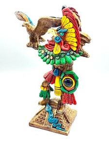 TEOTIHUACAN Aztec Warrior Statue W/ Polished Stones 11" x 7” Mexican Folk Art