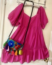 NWT Fuchsia Tiered Short Dress Sz XL & Mexican Colorful Tasseled Crossbody Bag