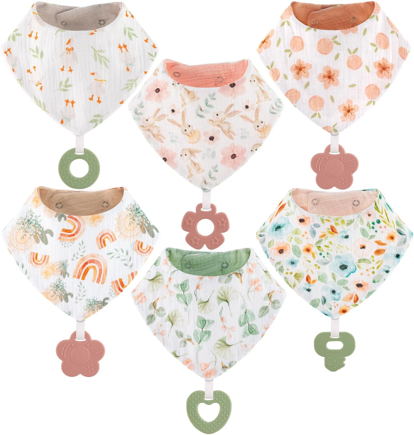Baby Bandana Drool Bibs 6-Pack and Teething Toys 6-Pack Made with 100% Organic C