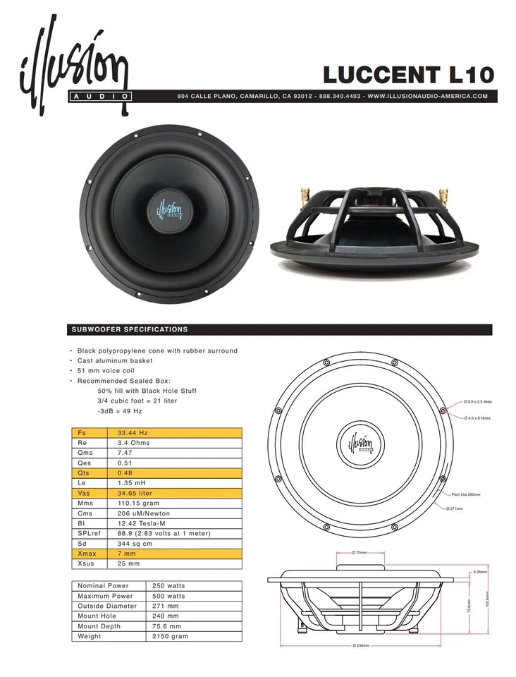 Subwoofer de montaje poco profundo Illusion Audio Luccent L10 10" 250 W RMS - 0,5-0,75 pies3 Foto 2 de 4