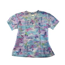 SB Scrubs Top Womens Small Pink Purple Butterfly Print Medical SS V-Neck