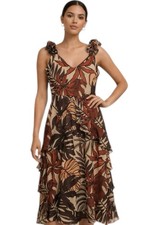Siena Floral Ruffle Midi Dress Brown Beige Size 14 NWT