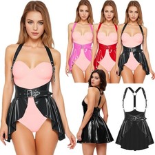 UK Womens Glossy Leather Suspenders Skirt with Belt 2pcs Set Gothic Miniskirts