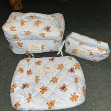 3 Pc Quilted Teddy Bear Travel / Storage Set For All Age Groups Make Up Bag Too