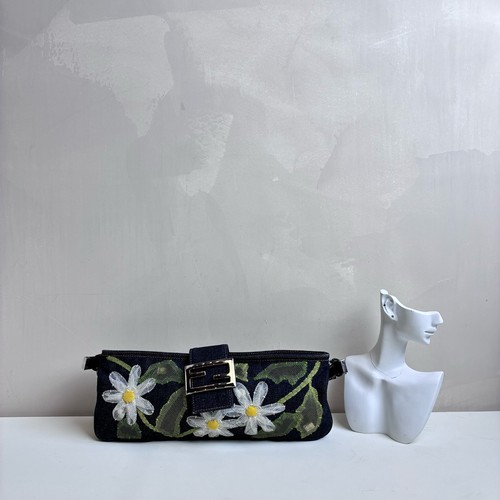 Fendi Vintage Baguette Dark Denim Daisy Mesh Floral Shoulder Bag Y2K Auth