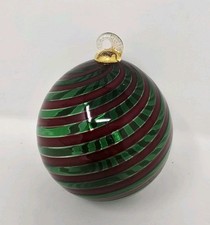 Art Glass Ball Christmas Ornament Green And Red Swirl Gold Top Design