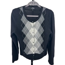 Apt 9 Women's Large Black Argyle 100 Cashmere Button Front Cardigan Sweater