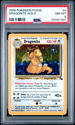 1999 POKEMON FOSSIL #4 DRAGONITE-HOLO PSA 8