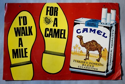 VINTAGE CAMEL CIGARETTES I D WALK A MILE FOR ADVERTISING CARD SHOP SIGN c1950