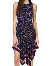 NWT $125 MICHAEL Michael Kors Handkerchief Logo Rope Print Border Dress Midnight